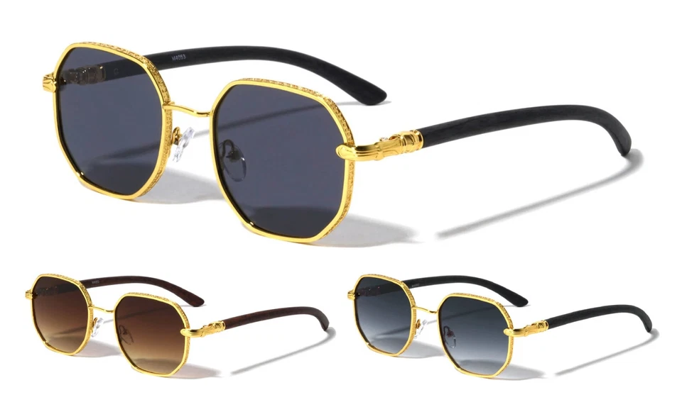 FAUX WOOD BUFFS METAL PILOT AVIATOR SUNGLASSES GEOMETRIC CLASSIC RETRO DESIGNER - Image 1 of 1