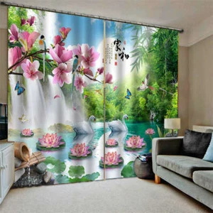 Pink Water lily White Swan Tree Printing 3D Blockout Curtains Fabric Window - Bild 1 von 8