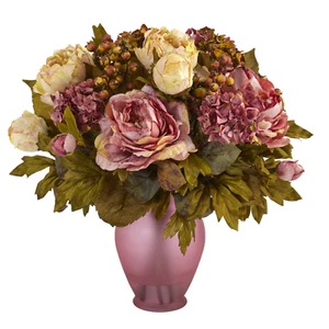 16” Peony Artificial Arrangement in Rose Colored Vase - Picture 1 of 3