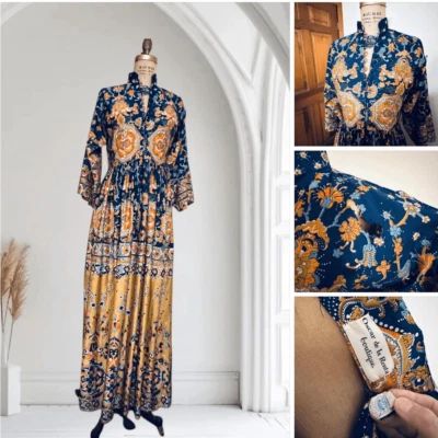 Vintage 1970s Oscar de la Renta Navy and Gold Maxi Dress Size 8 READ DESCRIPTION - Image 1 of 4