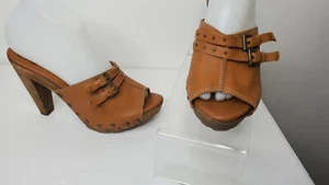 BERSHKA Leather Wood Platform Women's Sandal Heel Slip On US 7-7.5 Open Toe - Picture 1 of 10