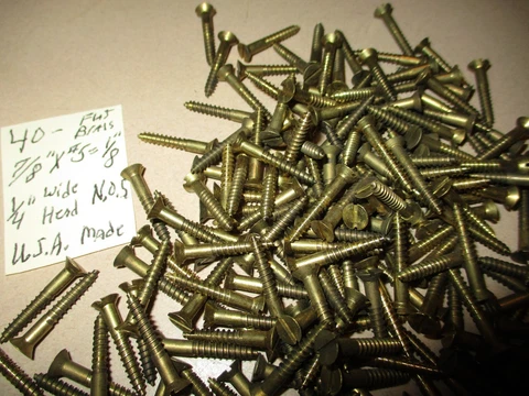40--VINTAGE SOLID BRASS WOOD SCREWS WITH FLAT SLOT HEADS, 7/8" LONG X #5=1/8" Cover