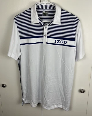 Camisa de golf Izod para hombre mediana blanca azul a rayas polo rendimiento manga corta Foto 1 de 4