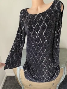 Jessica Howard Sz Dress 14 Silver Sequin Long Sleeve Cold Shoulder Party Short - Picture 1 of 9