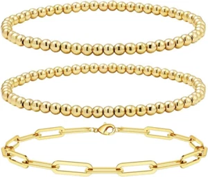 Gold Bracelets for Women Stack 14K Gold Plated Brass Charm Bangle Cuff Bracelet - Picture 1 of 12