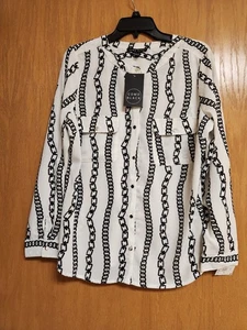 Black & White Chain Print Long or 3/4 Sleeve Top. NWT. Large Como Black. - Picture 1 of 17