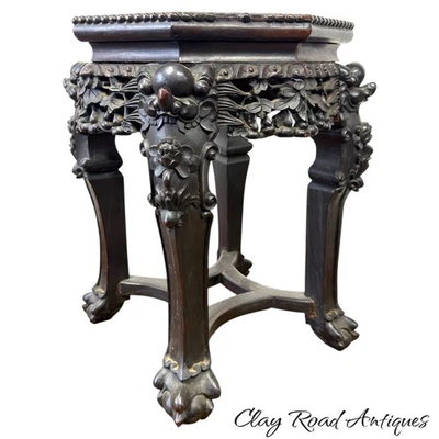 antiguo soporte de mesa de mármol rosa chino tallado 1890 palo de rosa victoriano Foto 1 de 4