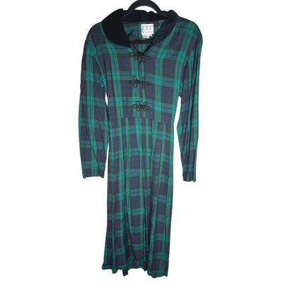 NUEVO CON ETIQUETAS Vestido Midi De Colección 12P Años 80 90 Trad Esposa Verde Tartán Cuadros Atado Espalda Botón Rana Foto 1 de 4