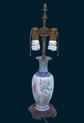 Antique 1920s Chinese Porcelain Vase Table Lamp Double Socket 24" Tall - Image 1 of 4