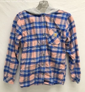 Girl's Carhartt Blue / Peach / Grey Hooded Flannel Button-Up Shirt Size Large - Picture 1 of 6