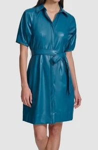 Calvin Klein Women's Blue Faux-Leather Belted Shirt Dress Size 12 - Picture 1 of 2
