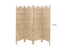 Gold Carved Wood Room Divider Privacy Screen 4-Panel Crown Top Distressed Finish