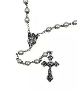 Collana Rosario Perline Bianche 8,15mm Croce Cattolica Crocifisso San Raffaele Lunga 23” - Foto 1 di 7