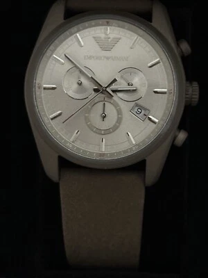 EMPORIO ARMANI - SPORTIVO SILVER DIAL MEN’s CHRONO WATCH KHAKI STRAP AR6076 NWT - Image 1 of 4