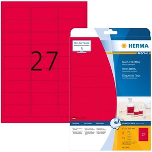 HERMA 5045 Farbige Etiketten NEON ROT 20 Blatt, 63,5 x 29,6 mm, 27 pro A4 Bogen - Bild 1 von 2