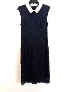 BETSEY JOHNSON Dress 8 Navy Blue Sheath Lace Pearl Collar Zip Back Sleeveless - Picture 1 of 13