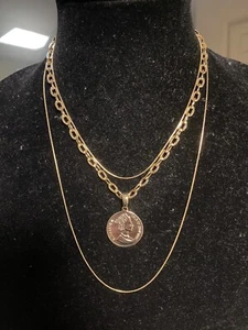 Barzel Goldtone Three-Strand Queen Elizabeth II Coin Pendant Necklace - Picture 1 of 4
