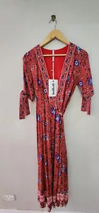INDIKAH By Angel Biba Womens Boho Print Red Paisley Wrap Dress Size 6 XS - Picture 1 of 9