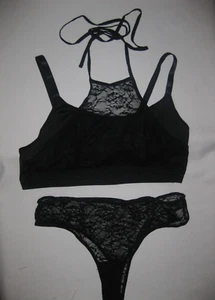 Shein lace neckline padless bralette & sheer lace thong panties XL black nip - Picture 1 of 5