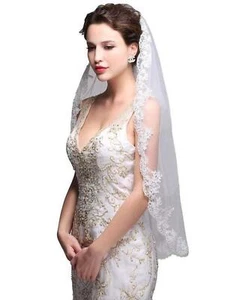 Lace Wedding Veils Appliqued Eged Veils for Brides Short Fingertip Length Bri... - Picture 1 of 7