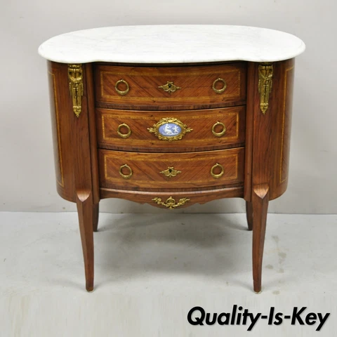 Antique French Louis XV Style Marble Top Bombe Commode Nightstand Bronze Ormolu Cover