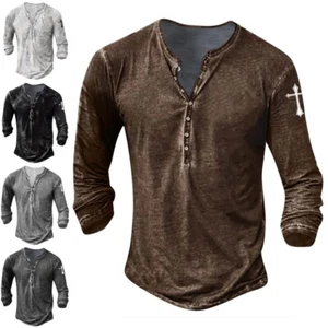 Mens T Shirts Long Sleeve Blouse Men Regular Fit Henley Neck Daily Wear Fashion - Picture 1 of 27