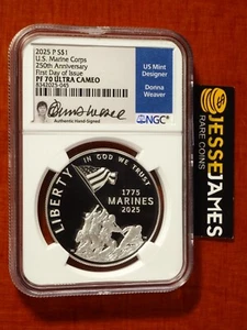 2025 P PROOF SILVER USMC MARINE CORPS 250TH ANN DOLLAR NGC PF70 FDI DONNA WEAVER - Picture 1 of 2