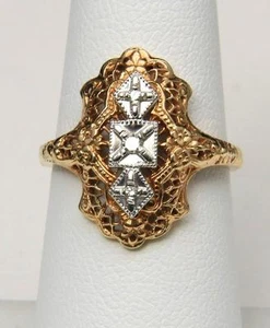 Anillo estilo Art Deco vintage de oro de 10k y diamantes diseño de detalles intrincados talla 7 - Imagen 1 de 1