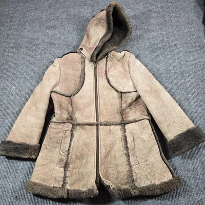 Vintage Shearling by Lawrence Coat Womens 17-18 Brown Hooded Talon Zip Suede - Image 1 of 4