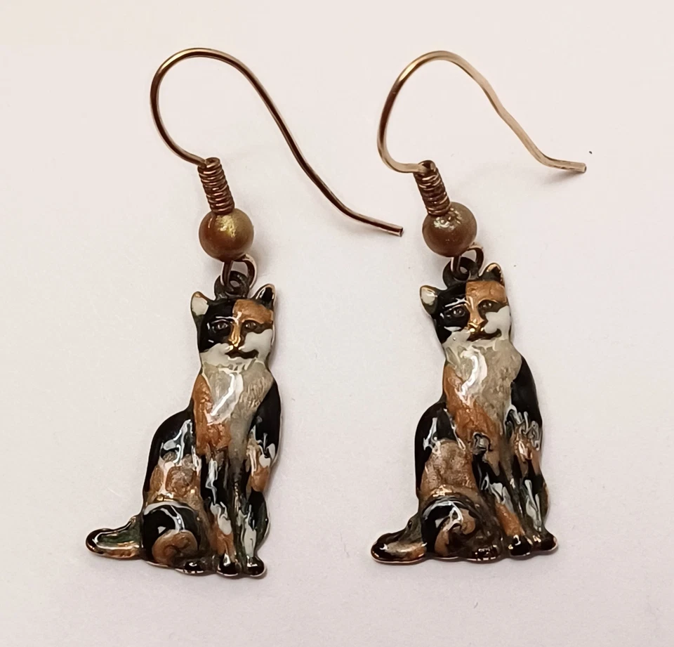 Pendientes colgantes esmaltados Calico gato hechos a mano vintage únicos en su clase Foto 1 de 4