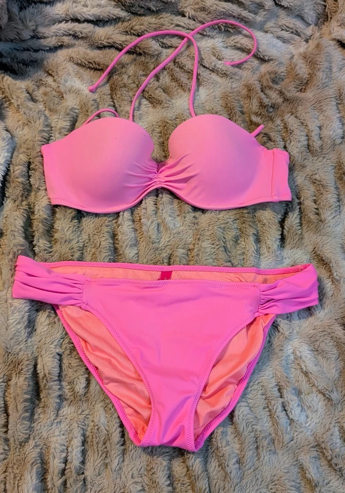 Victoria’s Secret Pink Bandeau Bikini Set 36B Top Medium Bottom Push Up Swimwear - Image 1 of 4