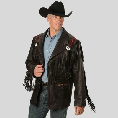 Men's Tradition Western Cowboy Fringe Leather Jacket Beaded Native American Boho - Image 1 of 4