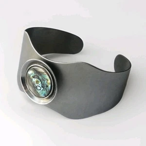 Armreif Vintage Modernist Edelstahl 70er Space Age Abalone Mod breite Manschette - Bild 1 von 21