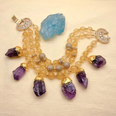 Pulsera de citrino natural de 3 hebras amatista áspera cruda dije piedras preciosas joyería Foto 1 de 4