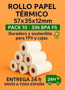 Rollo Papel Térmico 57x35x12 mm | Pack 10 | Sin BPA FSC | TPV | Envío 24 h - Imagen 1 de 2