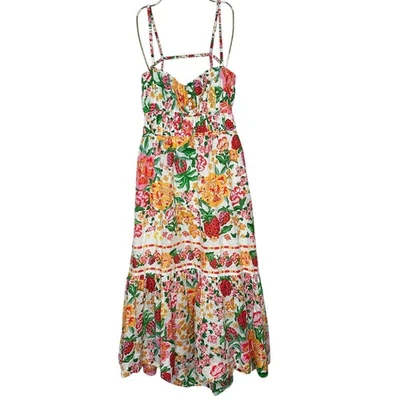 FARM Rio Floral Sketch White Midi Dress Strawberries  XL NWT Missing Button - Image 1 of 4
