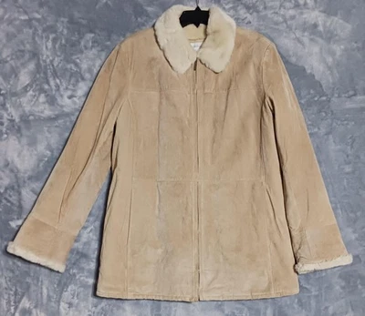 Abrigo Liz Claiborne para mujer XL cuero gamuza tostado imitación piel de oveja forrado cremallera frontal Foto 1 de 4
