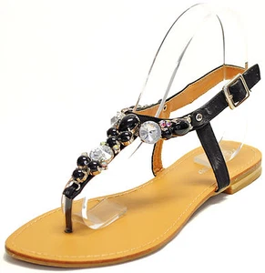 New women's shoes open toe t strap rhinestones sandals summer casual black - Picture 1 of 9