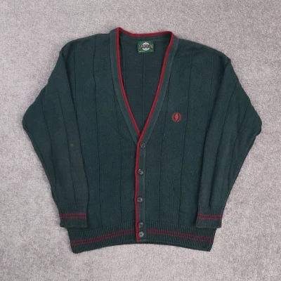 Cárdigan Suéter De Colección Jantzen Hecho en EE. UU. Medio Verde Rojo Tejido Cresta Universitaria Foto 1 de 4