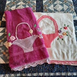 Handmade crocheted decorative bath towels with basket and floral designs granny - Picture 1 of 12