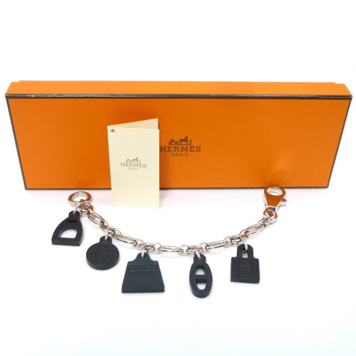 HERMÈS Autentico ciondolo borsa HERMES amuleto 5 tono argento pelle nera #K502077