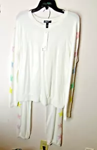 AQUA - Women's Ivory w/ Pastel Color Stars - Loungewear - Pajama Set - Size L - Picture 1 of 7
