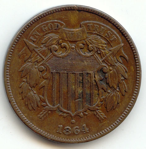 1864 Two Cent Piece, 2c, Nice XF, Large Motto Cover