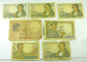 Lot: 1939 & 1943 France Seven 5 Franc Notes - Picture 1 of 2