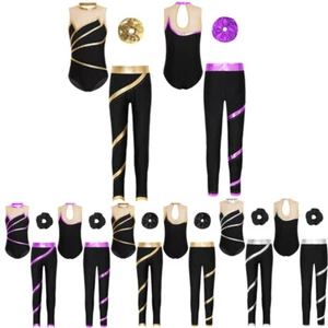 Kids Girls Dancewear Pants Outfits Gymnastics Set Striped Keyhole Back Hair Tie - Picture 1 of 41