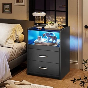 2 Drawers LED Nightstand with Charging Station End Side Table Open Storage - Picture 1 of 8