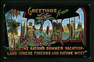 Large Letter linen Vintage postcard Wisconsin WI Greetings Kropp - Picture 1 of 2