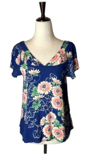 Maeve Anthropologie Shirt Women 2 Petite Blue Pink Floral Tri Cut Blouse Boho - Picture 1 of 10