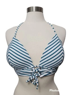 HULA HONEY Womens Green Stripe Strappy Bikini SwimTop Padded LARGE lace up front - Image 1 of 4