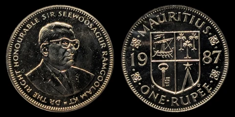 1987 Mauritius 1 Rupee Proof Coin, Bust of Sir Seewoosagur Ramgoolam, Arms Cover